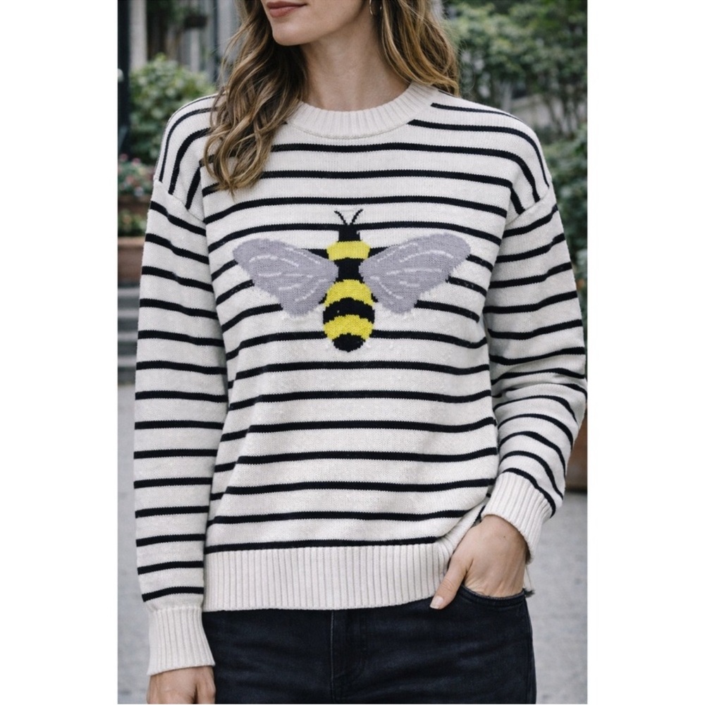 LOFT Bee Stripe Sweater Medium Black White Cotton Crewneck Long Sleeve